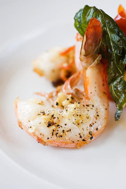 Shrimp with basil leaf — Stock Photo