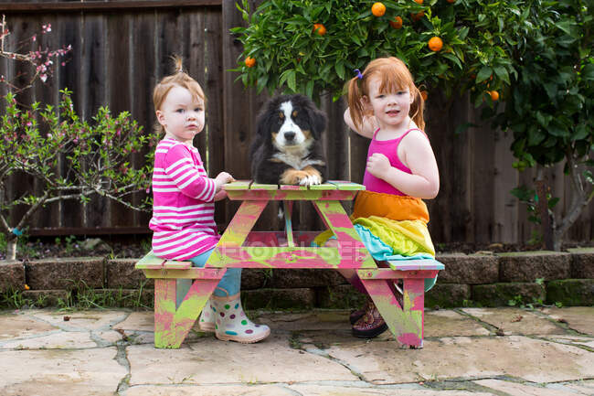 Two young sisters sitting on garden bench with pet dog — Stock Photo
