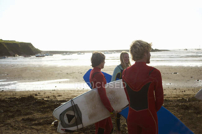 Group of surfers standing on beach, holding surfboards, rear view — Stock Photo