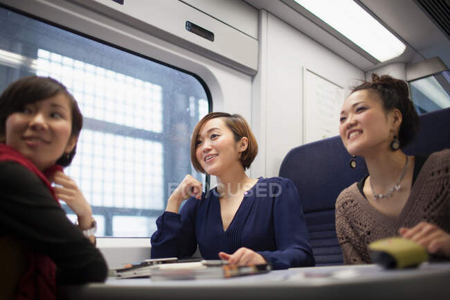 Молодые женщины разговаривают в поезде — стоковое фото
