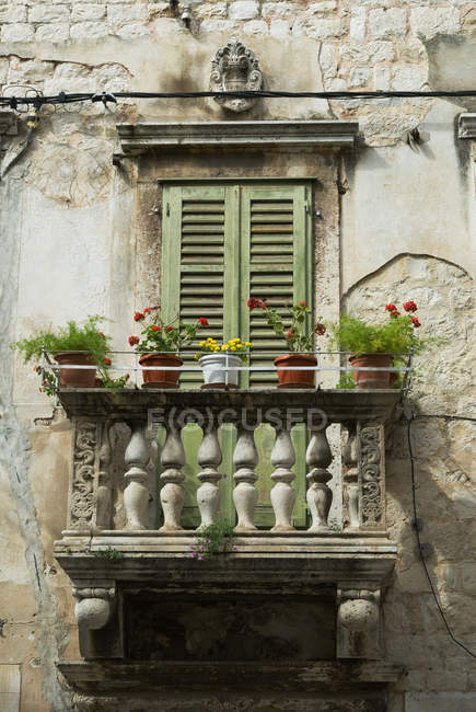 Panelas com flores na varanda — Fotografia de Stock