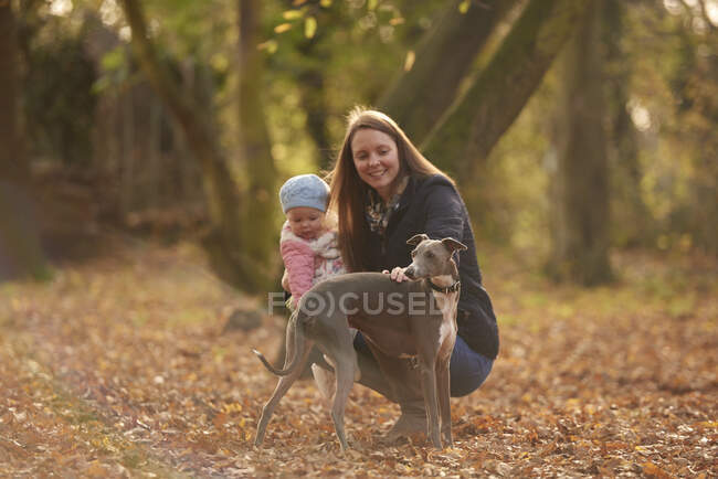 Средняя взрослая женщина и маленькая дочь ласкают собаку в осеннем парке — стоковое фото