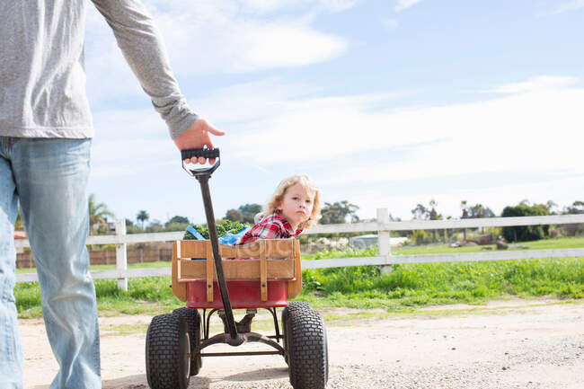 Father pulling son in wagon — Stock Photo