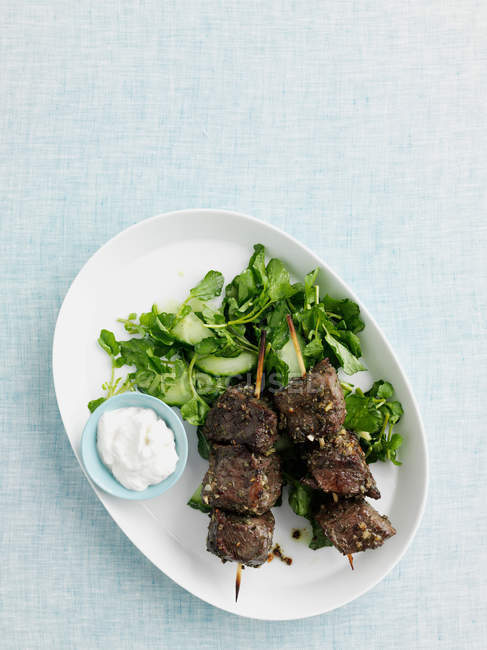 Plate of beef kebabs with salad — Stock Photo