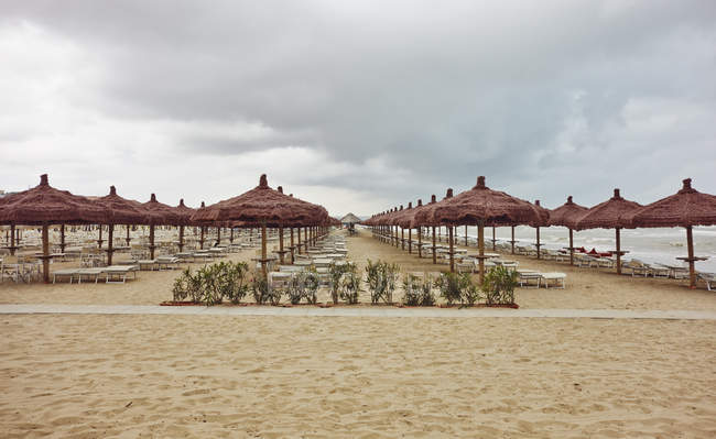 Ряди пляжних парасольок і шезлонгів на пляжі — стокове фото