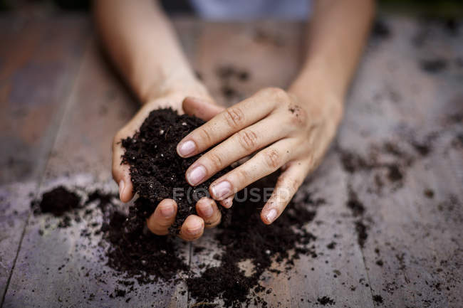 Обрезанный вид рук, держащих почву — стоковое фото