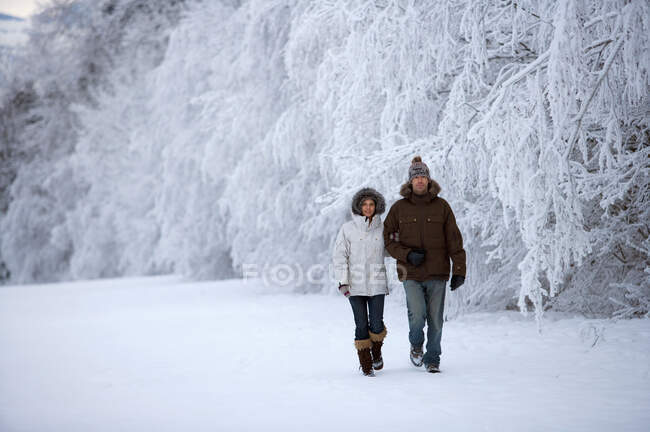 Coppia passeggiando nella neve. — Foto stock