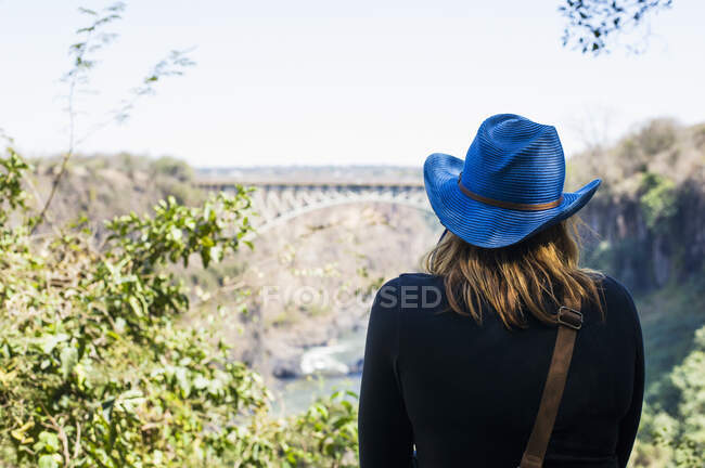 Вид сзади на молодую женщину, смотрящую на мост, водопад Виктория, Замбия — стоковое фото