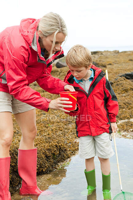 Mother and son looking in rock pool — Stock Photo