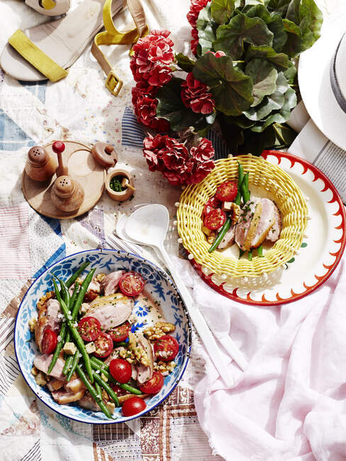 Duck salad and condiments on picnic blanket, close-up — Stock Photo
