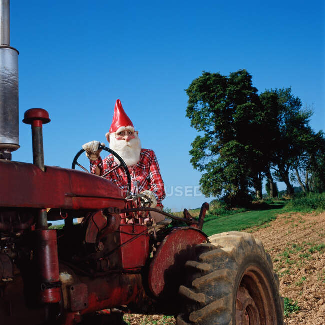 Gnome auf einem Traktor — Stockfoto