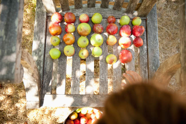 Жінка, стоячи біля яблука на дерев'яні стільці — стокове фото
