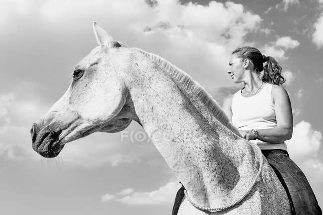 B&W portrait of woman riding grey horse against sky — Stock Photo