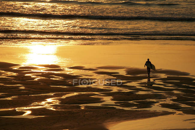 High angle view of surfer on beach walking to ocean carrying surfboard at sunset — Stock Photo