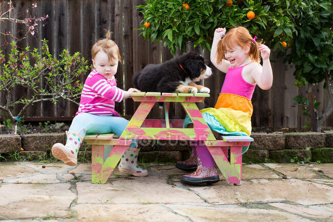 Dos hermanas jóvenes sentadas en el banco del jardín con perro mascota - foto de stock