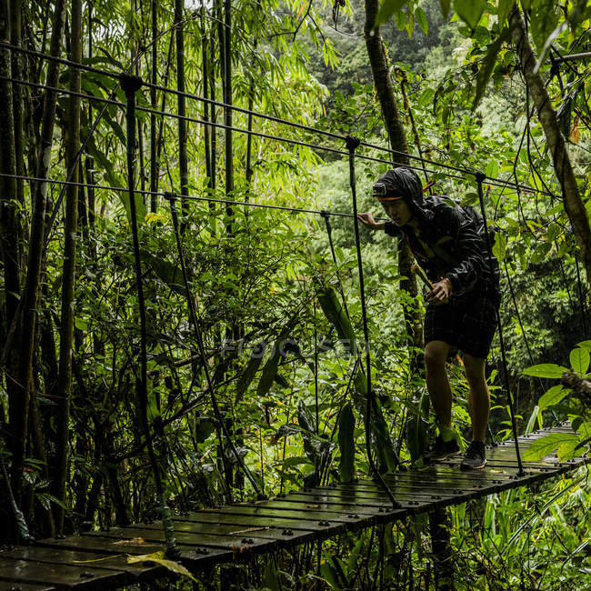 Homme traversant un pont de corde dans la forêt, Ban Nongluang, province de Champassak, Paksong, Laos — Photo de stock