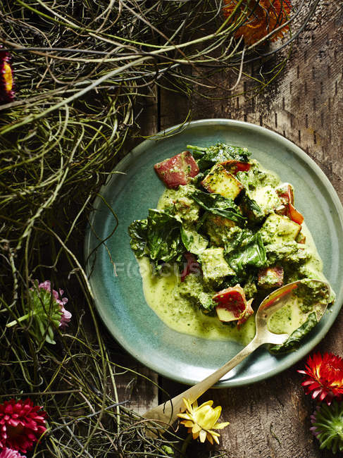 Still life with plate of north indian palak paneer — Stock Photo
