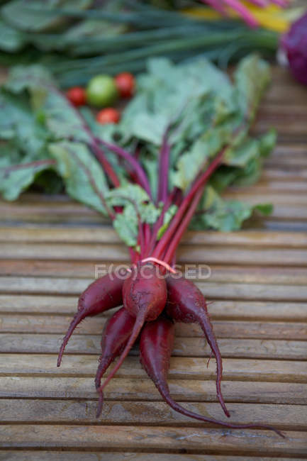 Bunch of fresh picked beetroots on wood — Stock Photo
