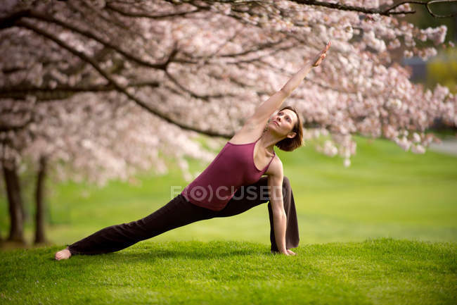 Frau in Seitenwinkel-Yoga-Position unter Kirschbaum — Stockfoto