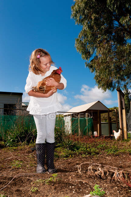Девушка держит курицу — стоковое фото