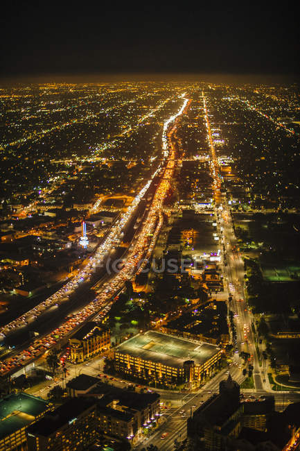 High angle view of city and highways, Los Angeles, California, USA — Stock Photo