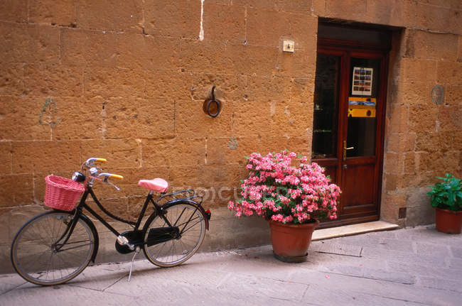 Bicicleta com cesta rosa estacionada no pavimento — Fotografia de Stock