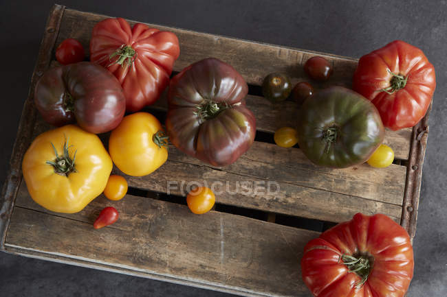 Seleção de tomates de herança em tábua de madeira — Fotografia de Stock