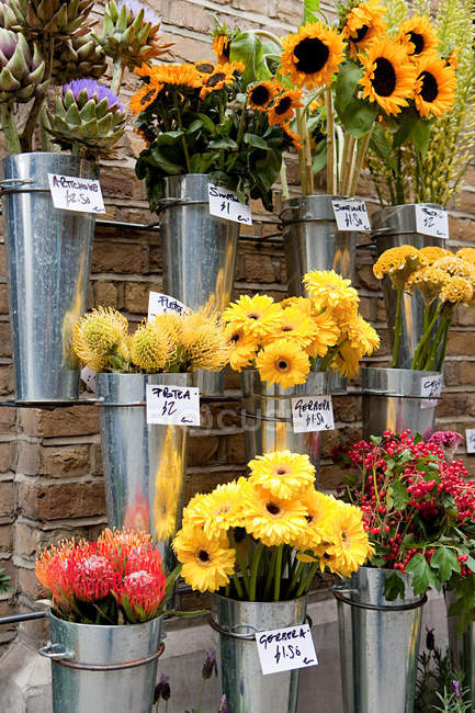 Cabine de fleurs avec différents bouquets — Photo de stock
