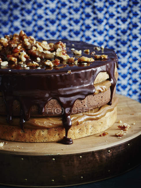 Torta al cioccolato caramello triplo strato con noci — Foto stock