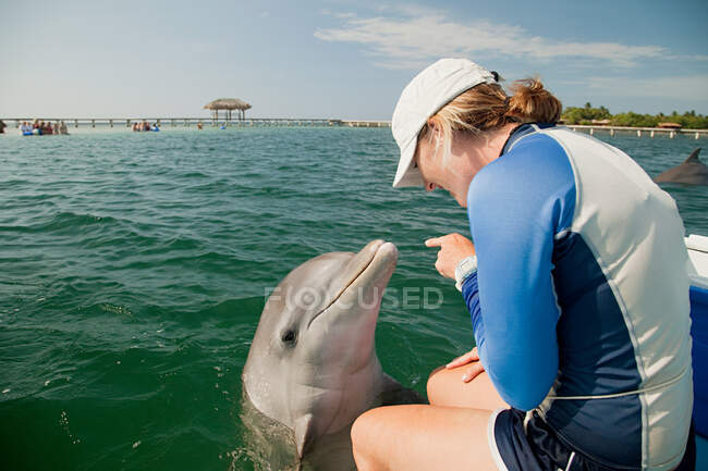 Молодая женщина указывает на бутылочного дельфина — стоковое фото