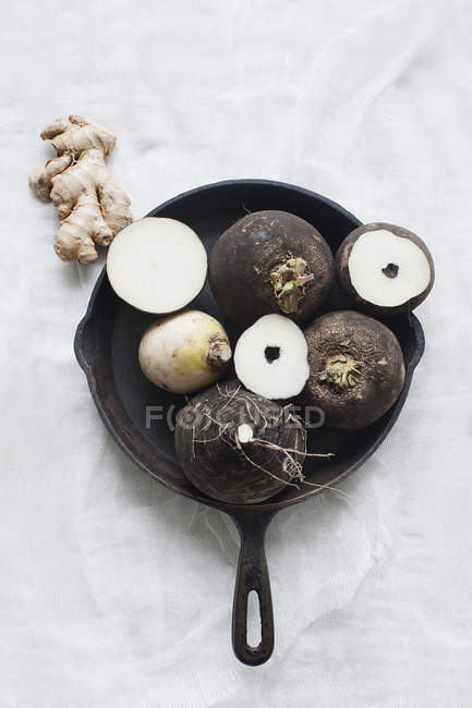 Root ginger and black and white turnips in pan — Stock Photo