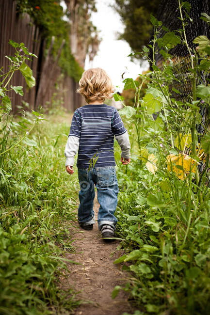 Junge läuft auf Feldweg rückwärts — Stockfoto
