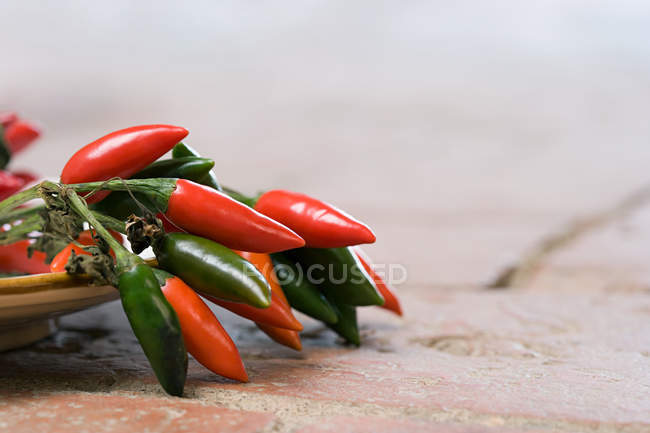 Close-up view of delicious red and green chili peppers — Stock Photo
