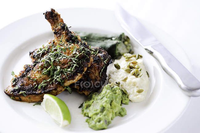 Roasted chicken with stuffed pepper, guacamole and potatoes — Stock Photo