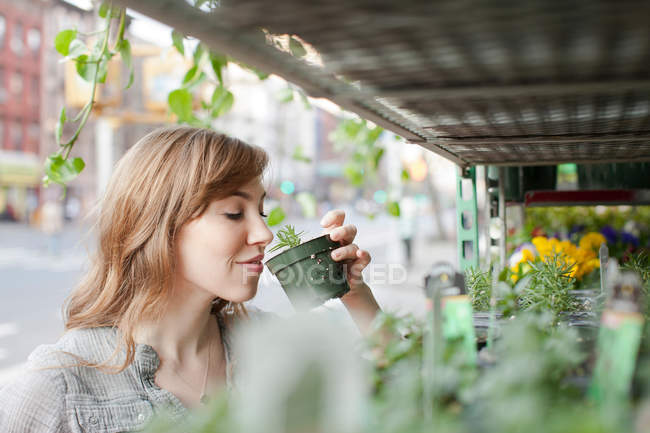 Junge Frau, die eine Pflanze riecht — Stockfoto