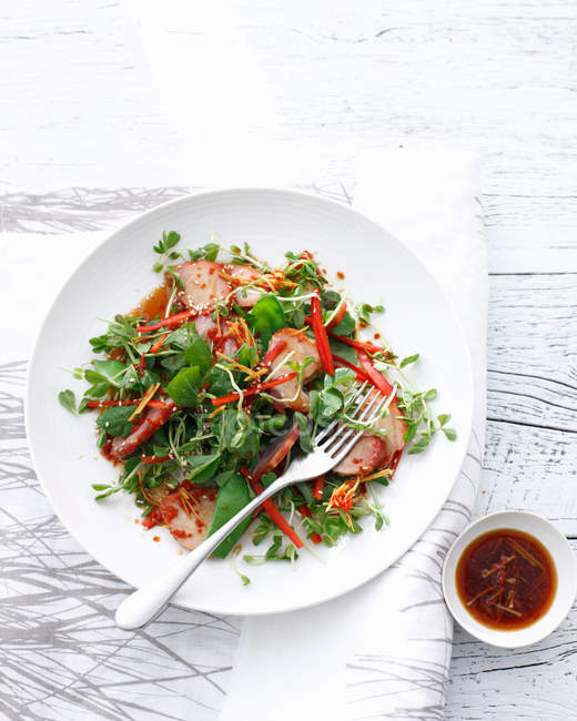 Чаша китайского салата со свининой и соусом — стоковое фото