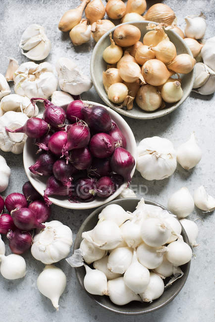 Top view of garlic bulbs and onions in bowls — Stock Photo