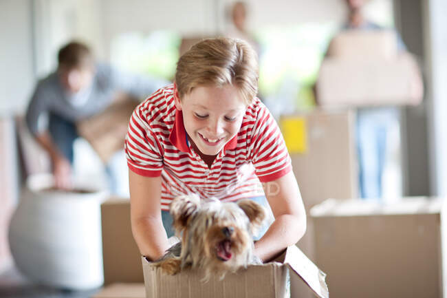 Мальчик движется дом с собакой в коробке — стоковое фото