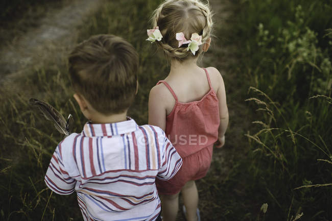 Rückansicht eines jungen Mädchens und Zwillingsbruders, die sich auf einer Wiese an den Händen halten — Stockfoto