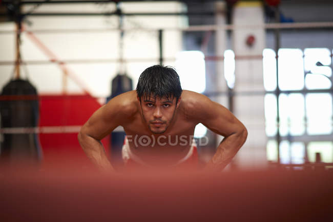 Boxer doing push-ups in boxing ring — Stock Photo
