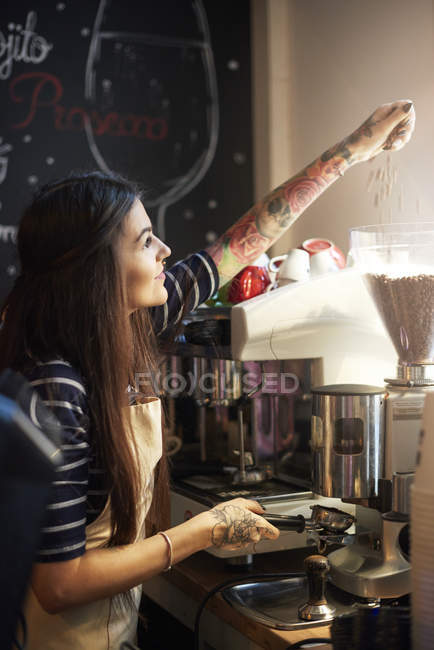 Barista filling machine with coffee beans — Stock Photo