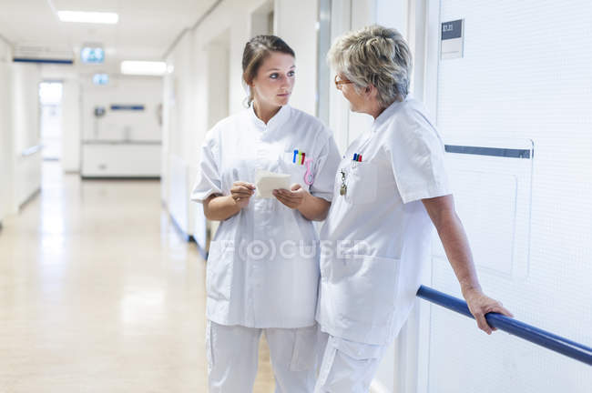 Krankenschwestern sprechen auf weißem Krankenhausflur — Stockfoto