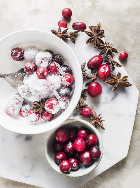 Sugar coated cranberries and star anise — Stock Photo