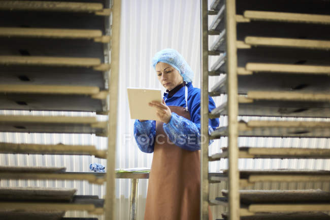 Женщина-работница, использующая цифровой планшет в подземном подносе для семян туннелей, Лондон, Великобритания — стоковое фото
