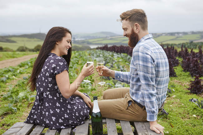 Couple in rural location sitting on pallets making a toast — Stock Photo