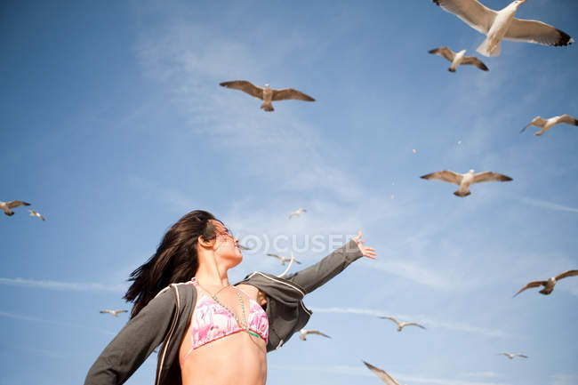 Mujer joven alcanzando a las gaviotas - foto de stock