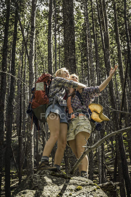 Teenage girl and young female hiker hugging on rock in forest, Red Lodge, Montana, USA — Stock Photo
