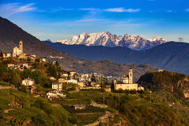 Town with vineyards and mountain range beyond — Stock Photo