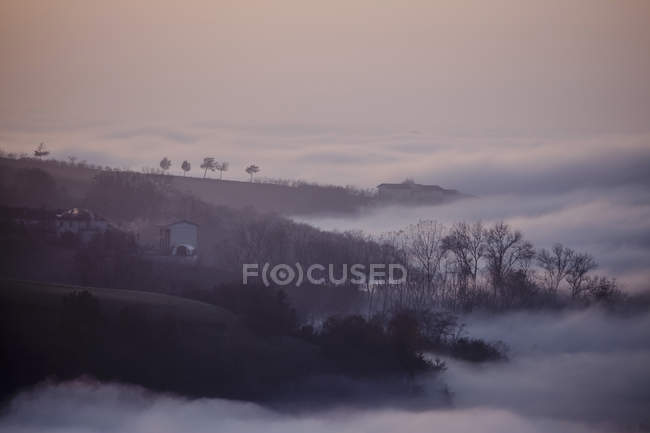 Silhouette Landschaft mit Talnebel, langhe, piemont. Italien — Stockfoto