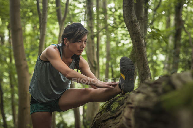 Mulher adulta média exercitando na floresta, alongamento — Fotografia de Stock